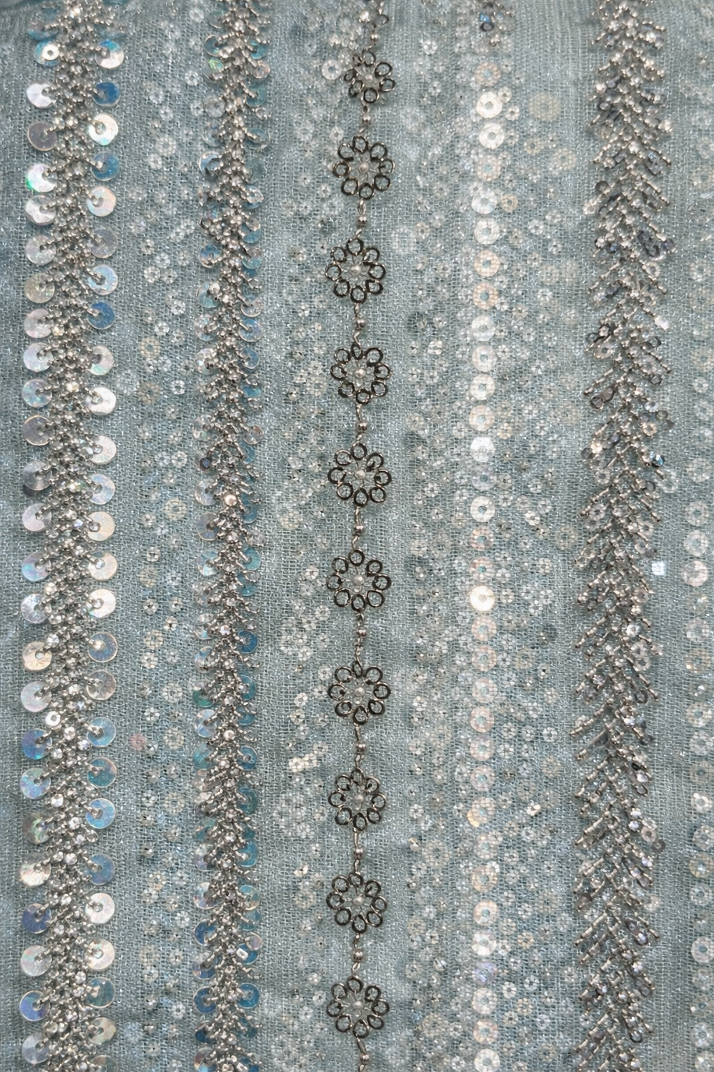 Powder Blue Hand-Embellished Net Saree with Attached Unstitched Blouse