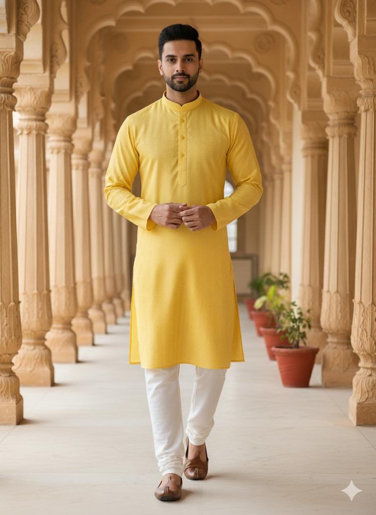"Golden Aura" Textured Yellow Kurta with White Churidar Set
