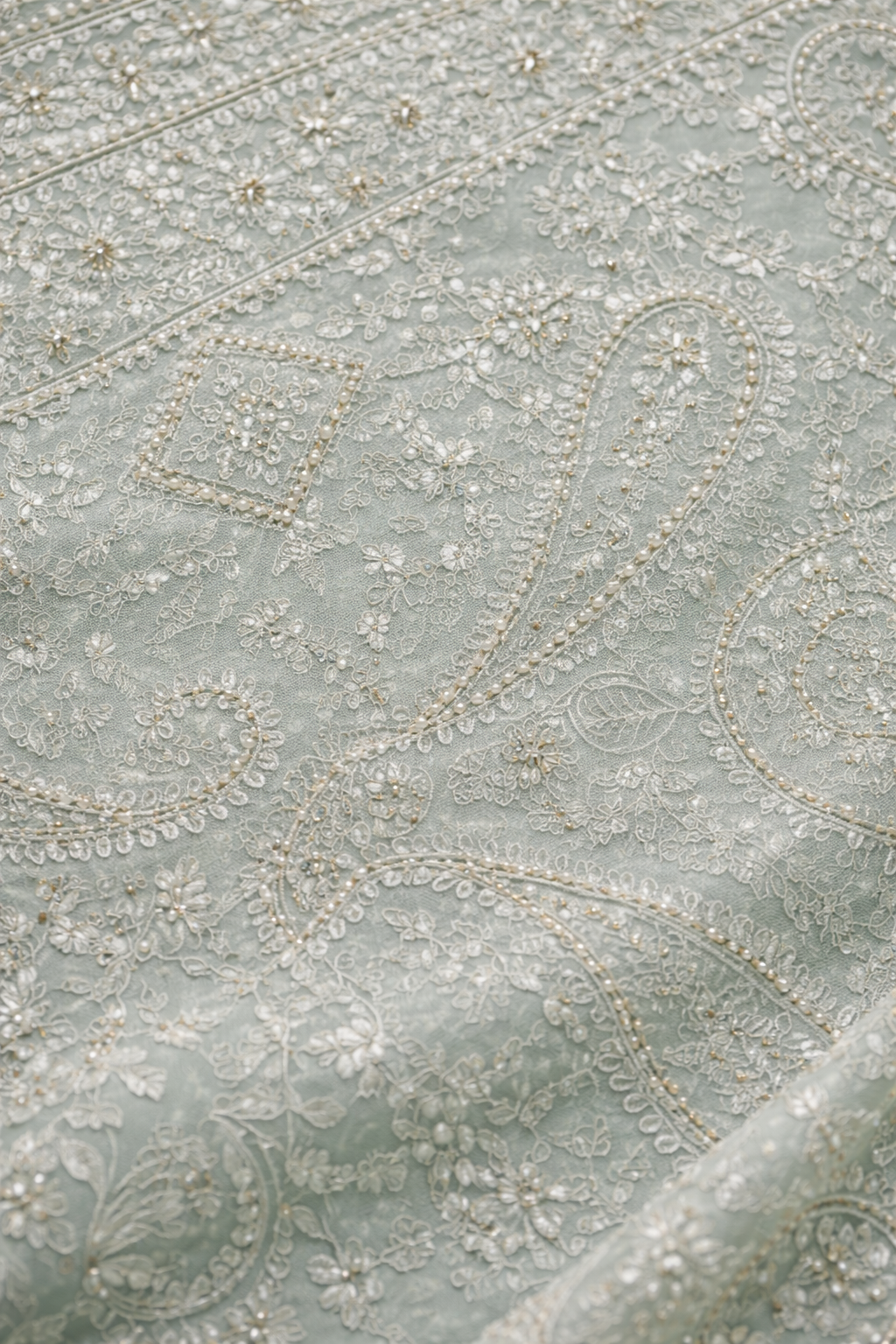 Mint Pearl Embroidered Net Saree