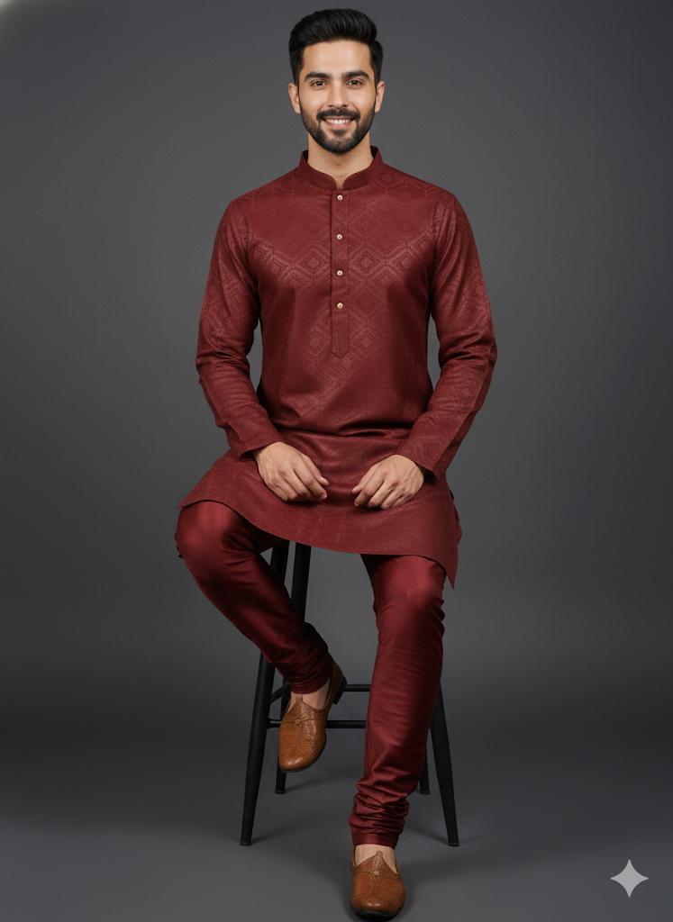 Majestic Maroon Geometric Weave Jacquard Kurta Set
