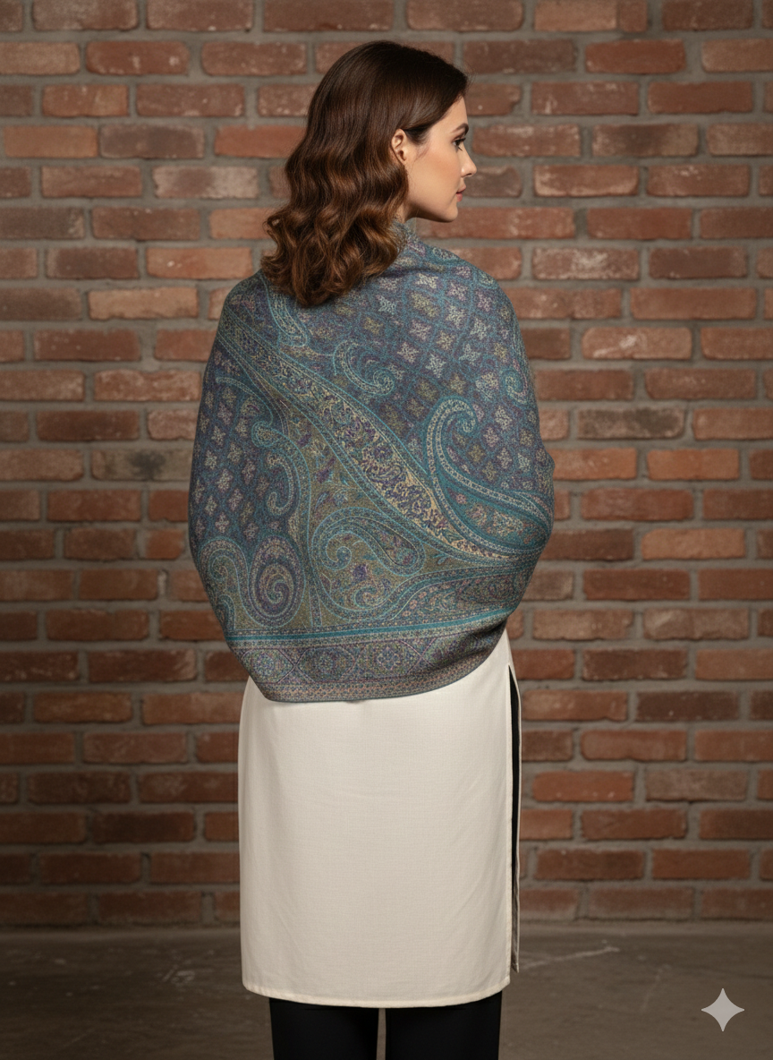 Teal & Dusty Blue Kashmiri-Style Shawl with Intricate Paisley Weave