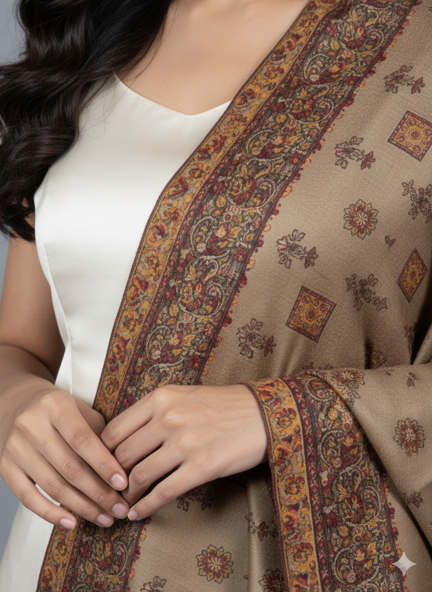 Warm Taupe Kashmiri-Style Woolen Shawl with Traditional Motifs