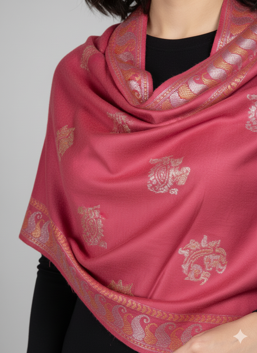 Rosewood Pink Kashmiri-Style Woolen Shawl with Gold Woven Motifs