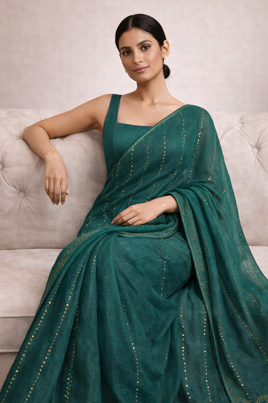 Emerald Teal Hand-Embellished Saree