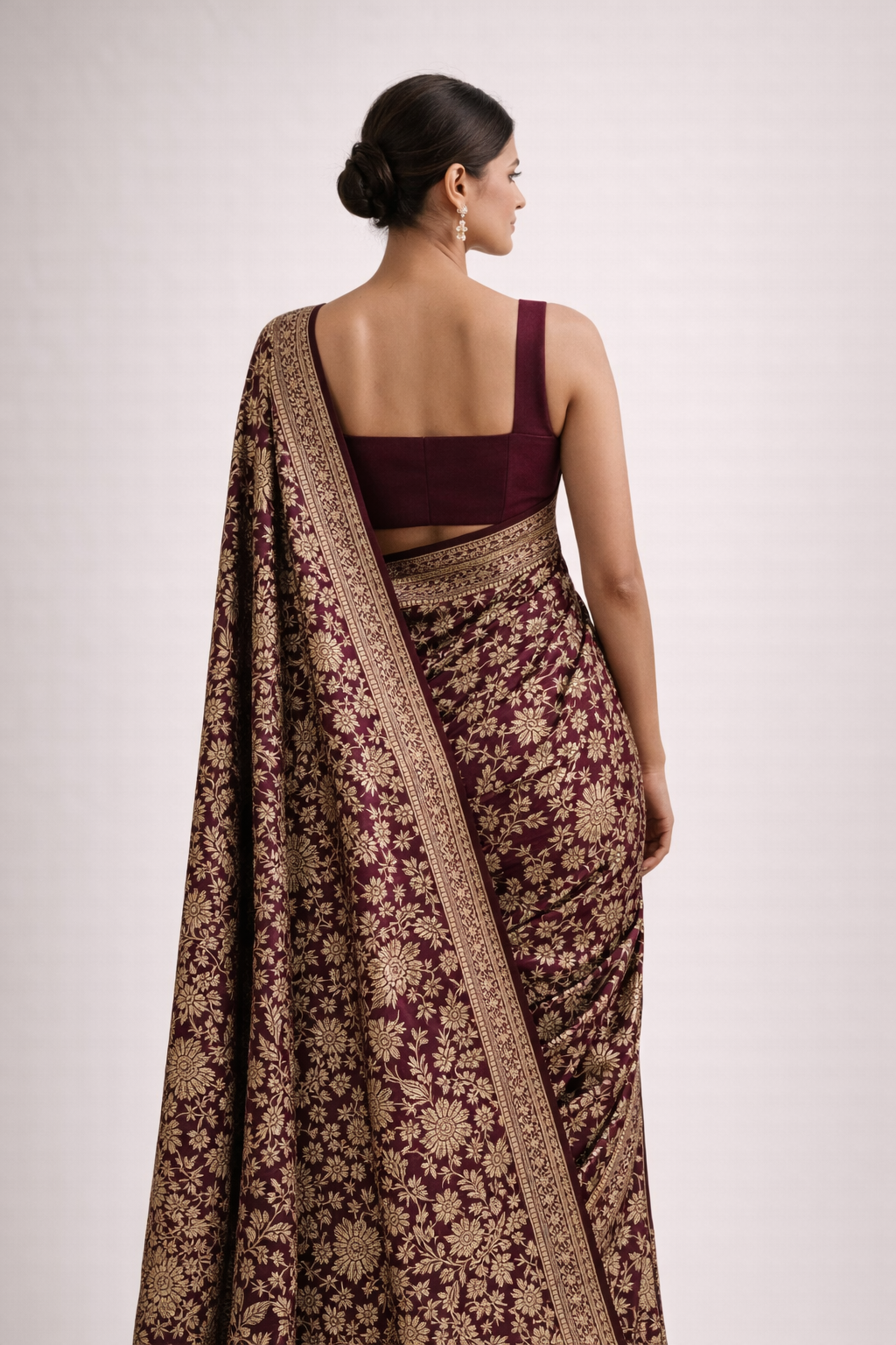 Wine Red Floral Brocade Saree