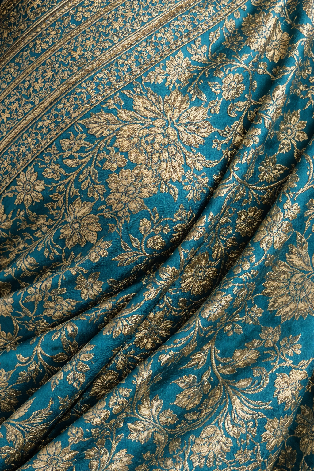 Teal Blue Floral Brocade Saree