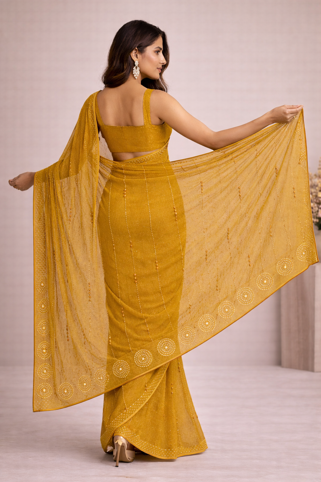 Mustard Gold Hand-Embellished Saree