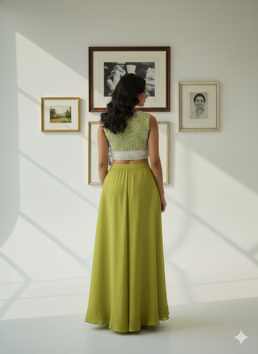 Chic Lime Green Palazzo Set with Embroidered Crop Top & Dupatta