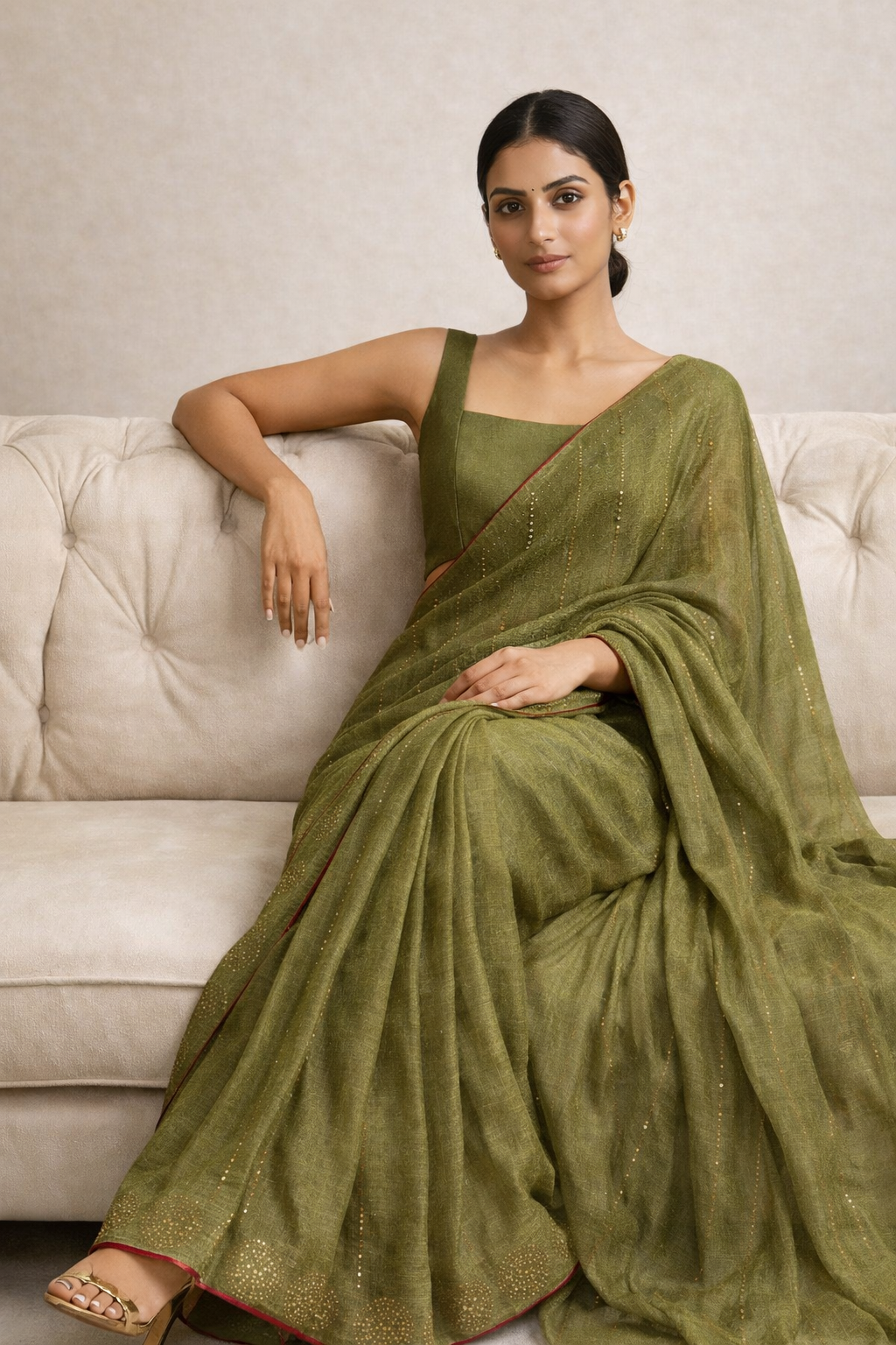Olive Green Hand-Embellished Saree