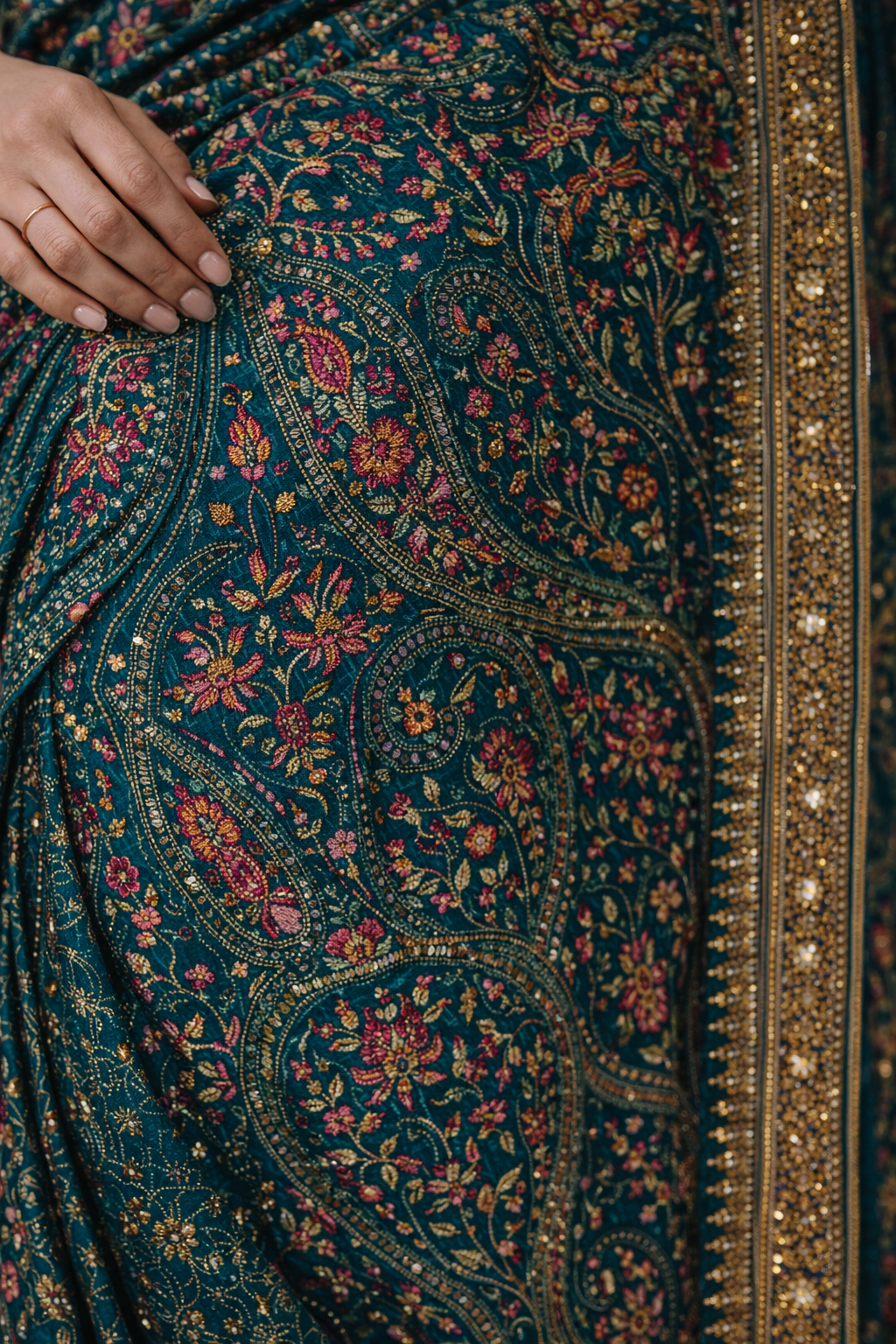 Teal Hand-Embroidered Saree with Multicolour Motifs