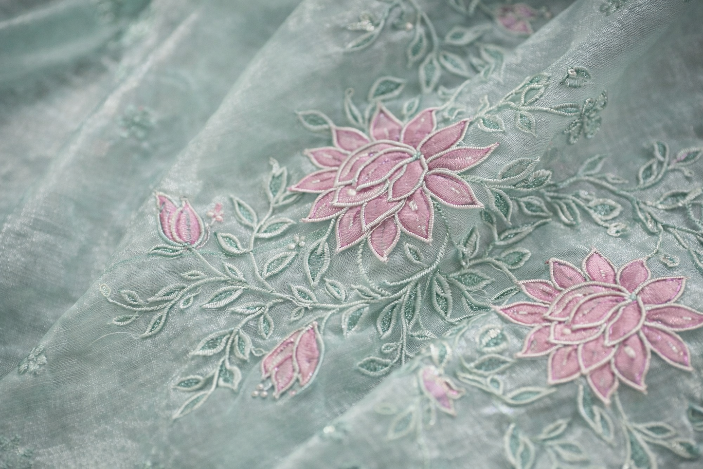 Baby Blue Floral Embroidered Organza Saree