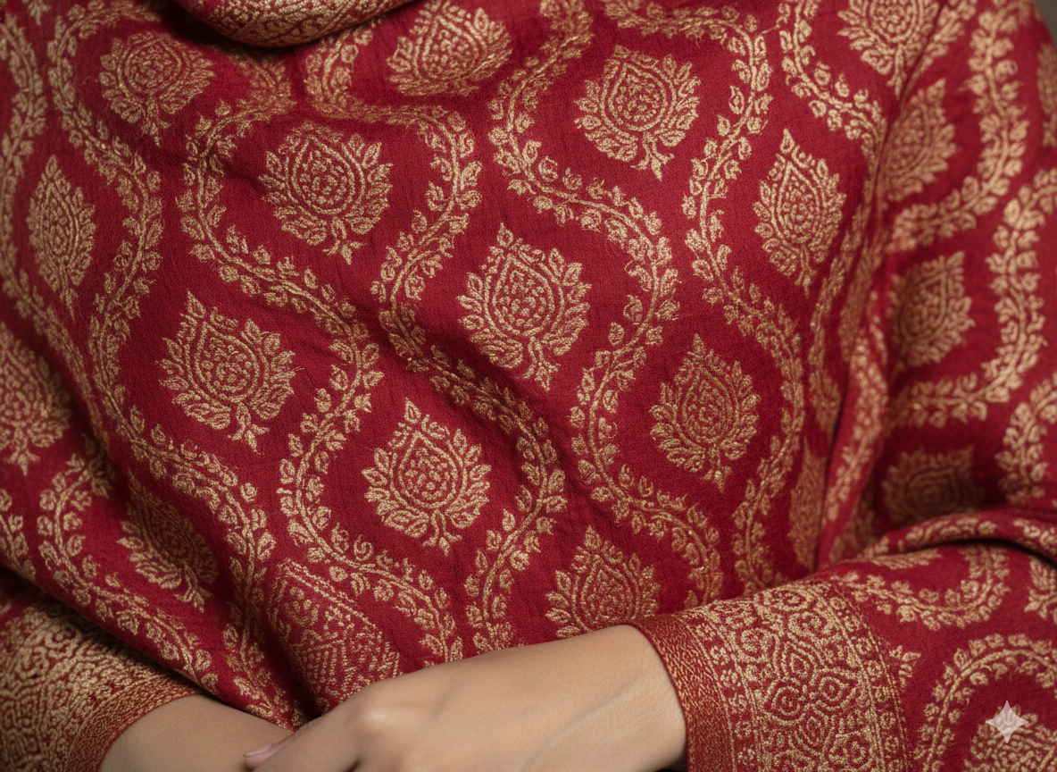 Deep Red Kashmiri-Style Woolen Shawl with Gold Woven Motifs