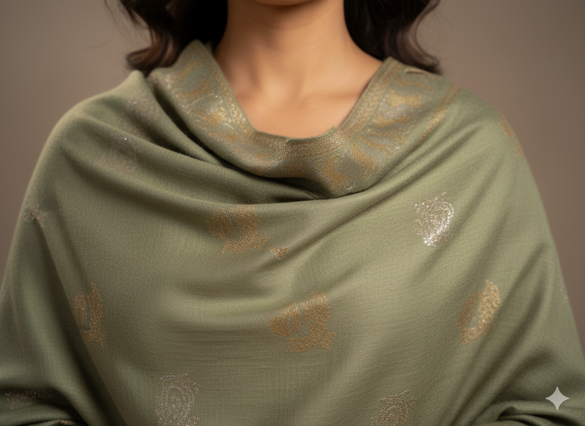 Sage Green Kashmiri-Style Woolen Shawl with Gold Woven Motifs