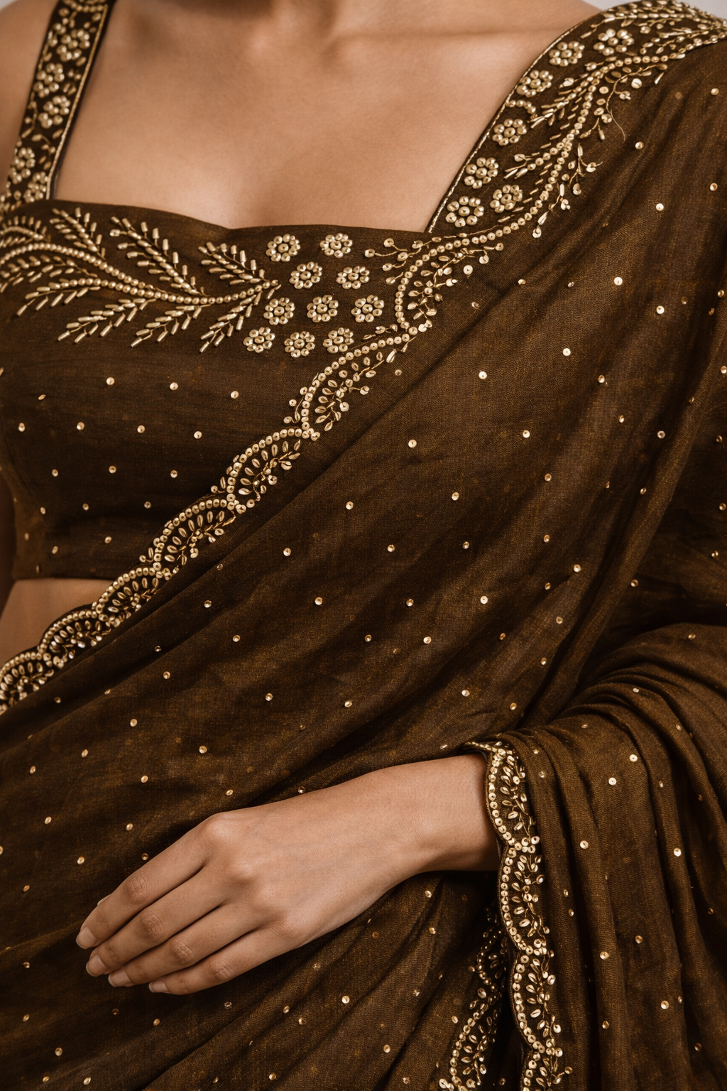 Cocoa Brown Hand-Embellished Saree