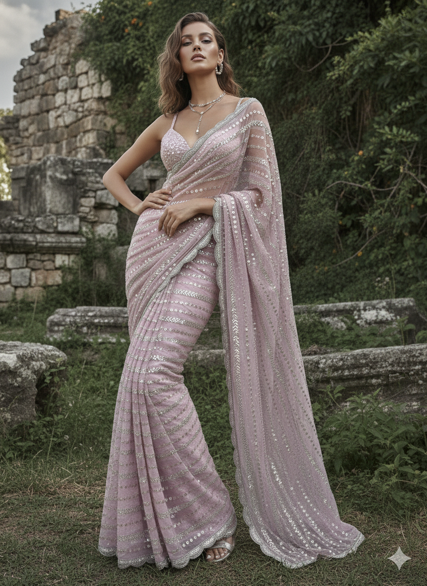Blush Pink Hand-Embellished Net Saree