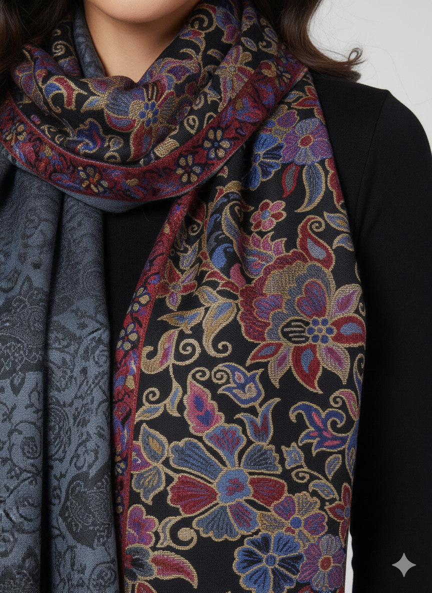 Charcoal & Multicolour Kashmiri-Style Reversible Woolen Shawl