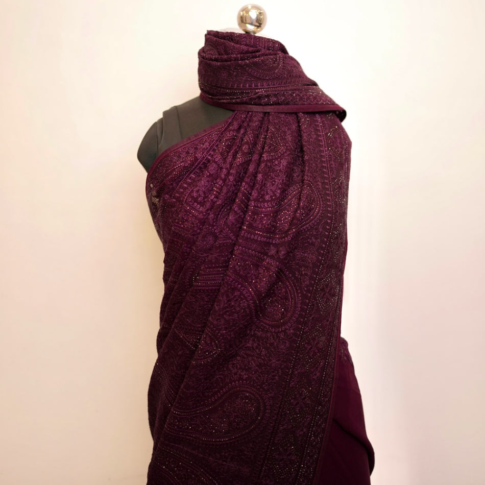 Wine Kashmiri Threadwork Georgette Designer Saree
