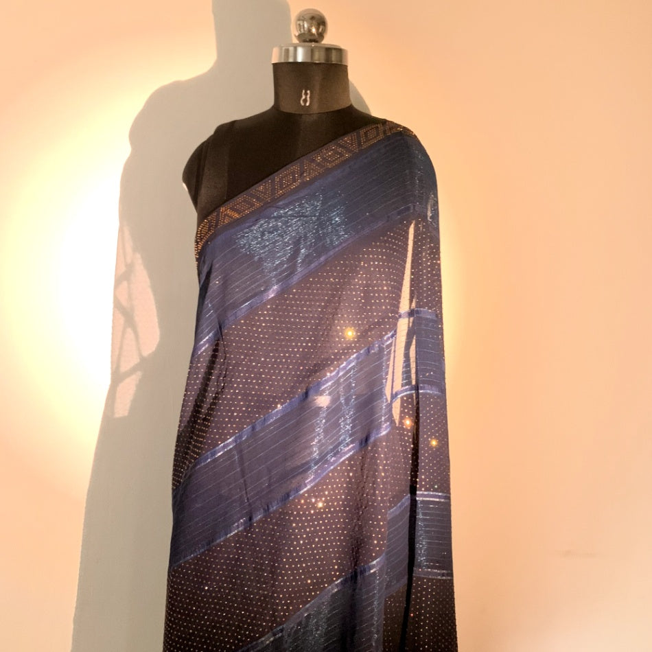 Navy Blue Sequins Georgette Designer Saree