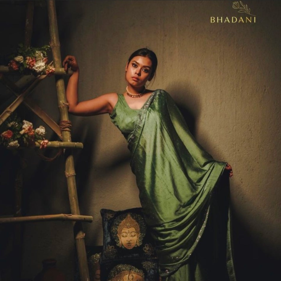 Leaf Green Stonework Satin Saree