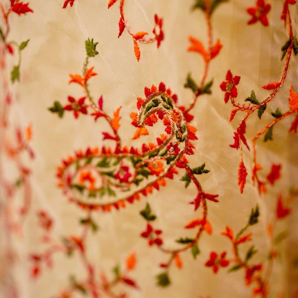 Cream Multicolor Threadwork Organza Designer Saree