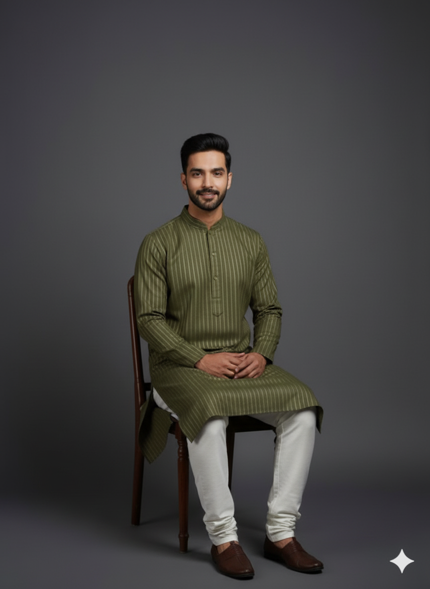Elegant Olive Green Striped Kurta Set