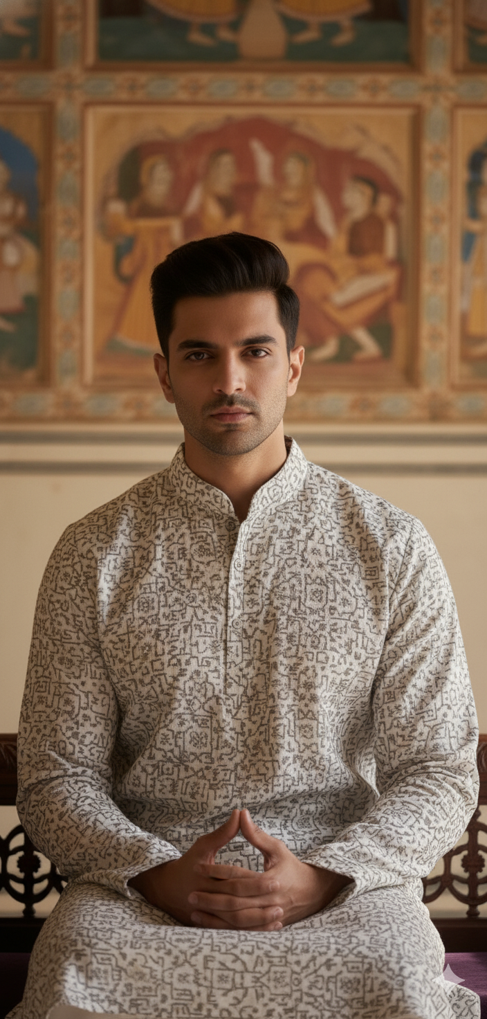 "Ethereal Echoes" Ivory Embroidered Kurta with White Churidar