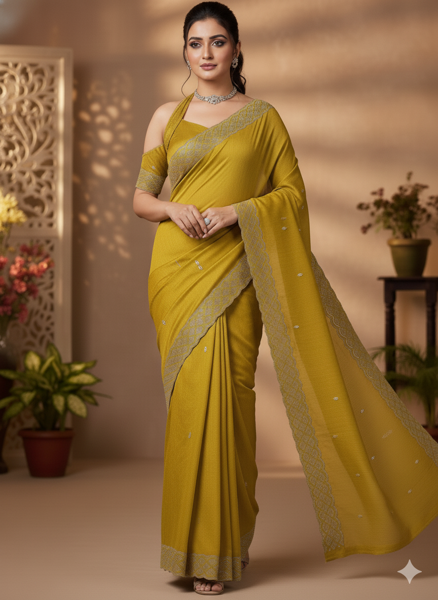 Elegant Golden Mustard Saree with Statement Embroidered Border