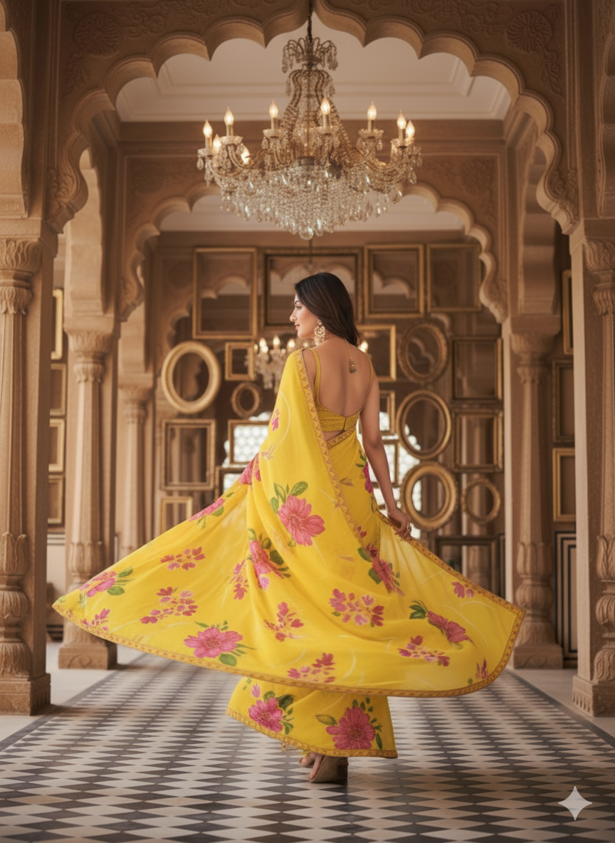 Statement Floral Saree in Radiant Yellow