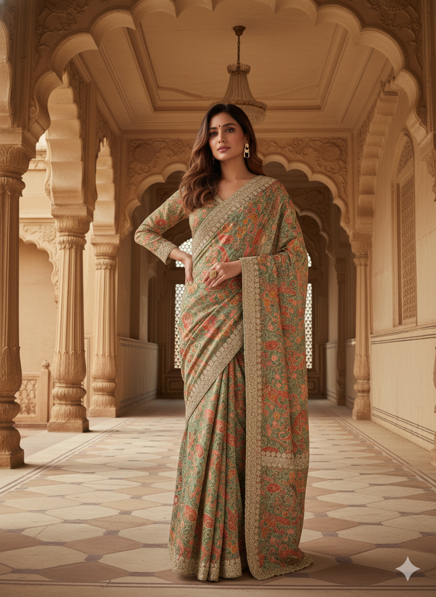 Regal Sage Green Floral- Paisley Saree