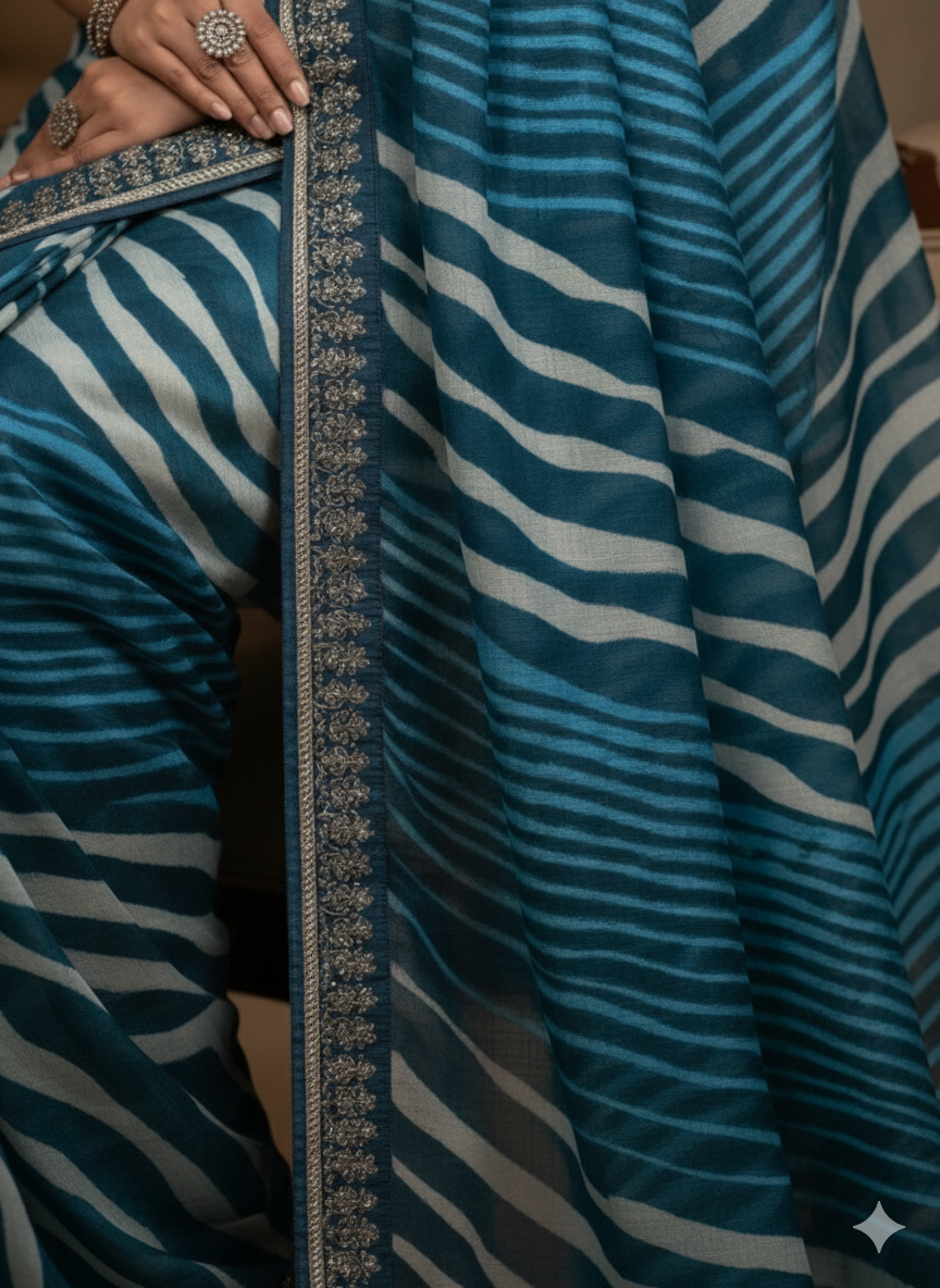 Aqua Wave Abstract Print Saree with Embroidered Border