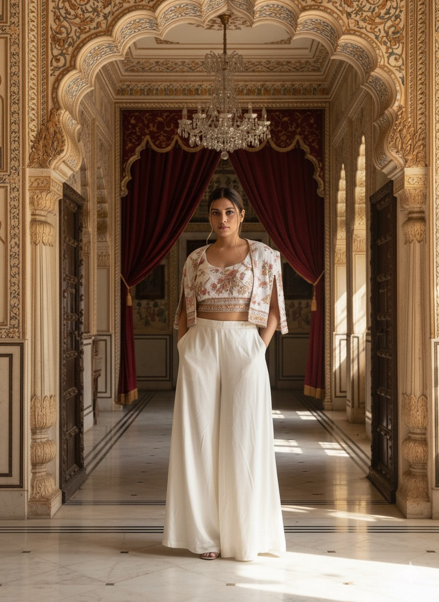 Ivory Embroidered Crop Top and Cape Set