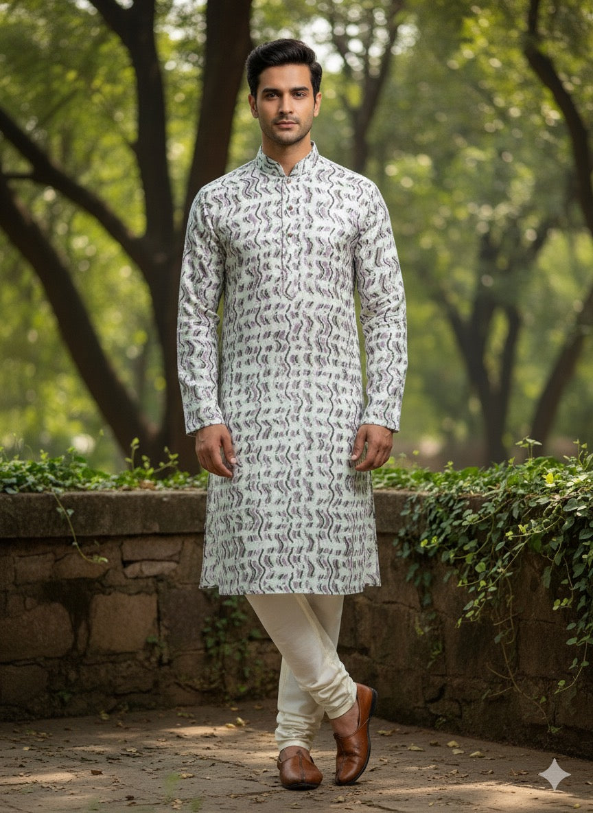 Men’s White Printed Kurta Set with Cream Churidar