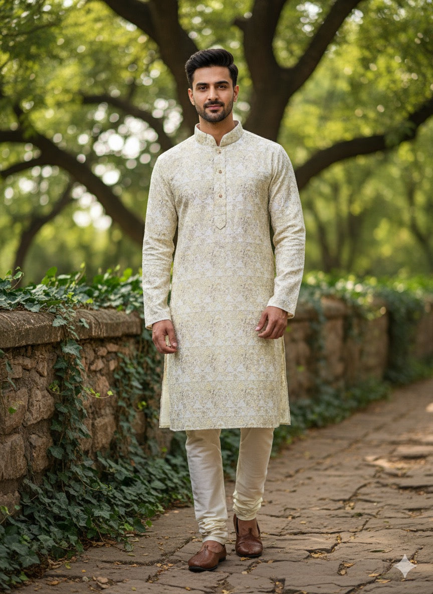Timeless Elegance: Men's Cream Self-Design Kurta Set