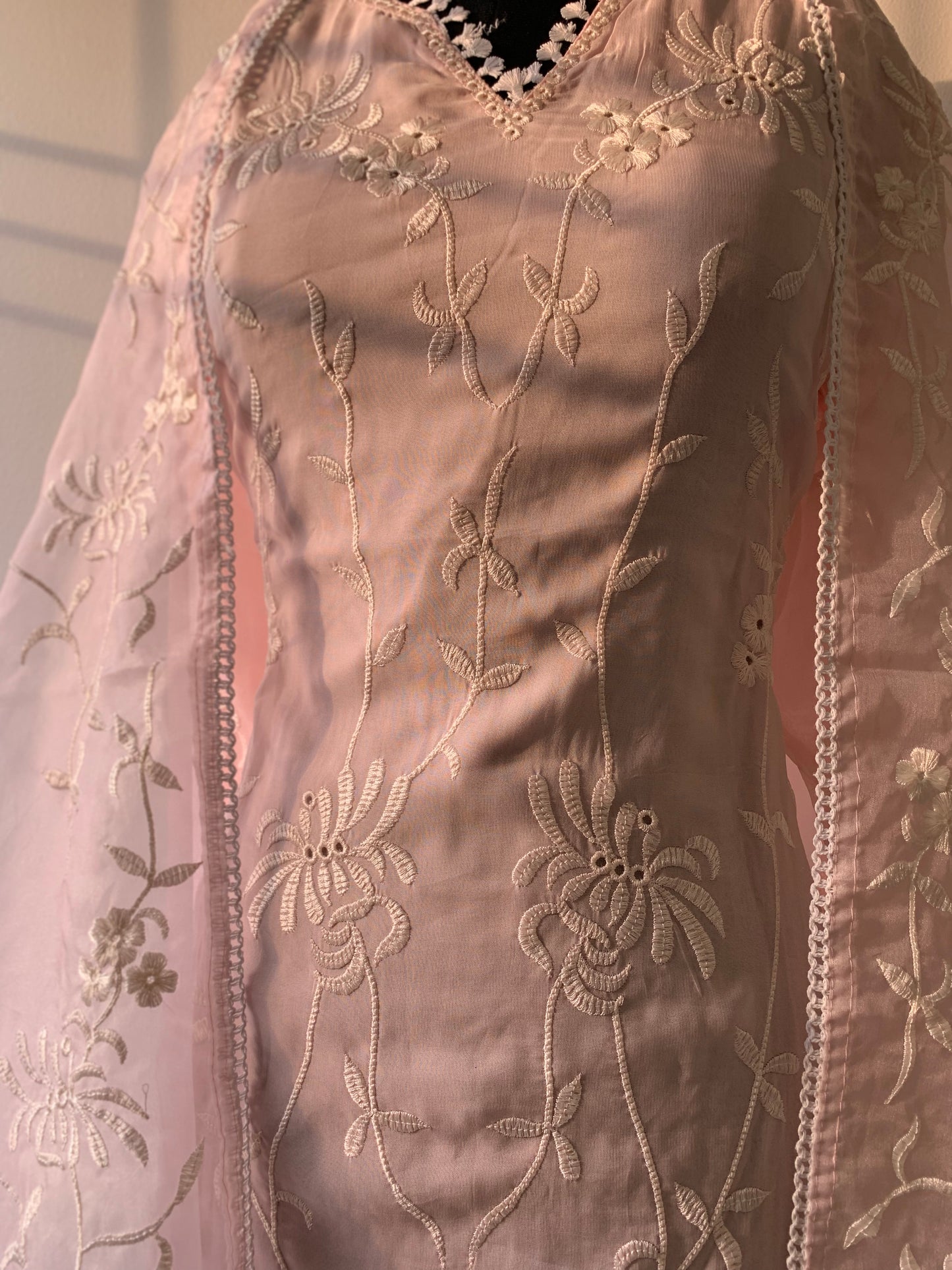 Organza Pink Pant Suit Set In Lucknowi Embroidery With Thread work and Dupatta