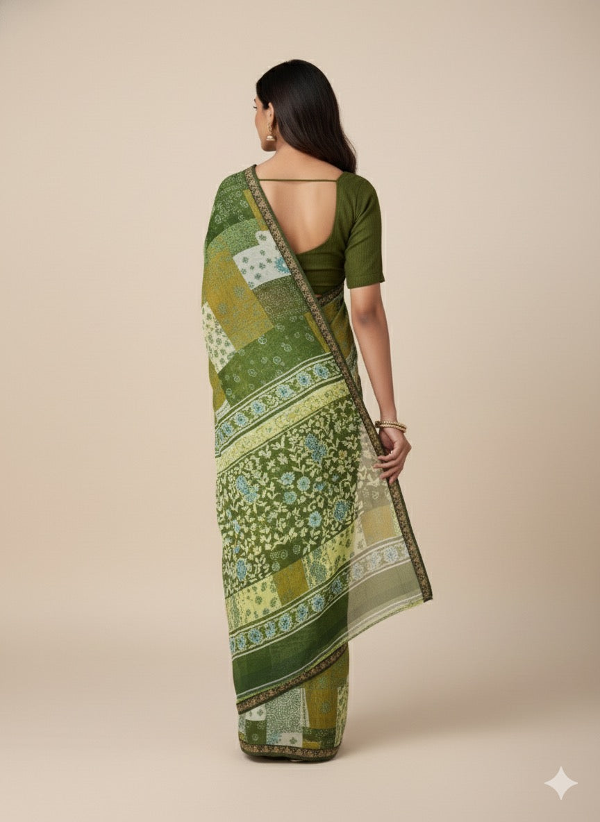 Earthy Elegance: Olive Green Patchwork Print Saree