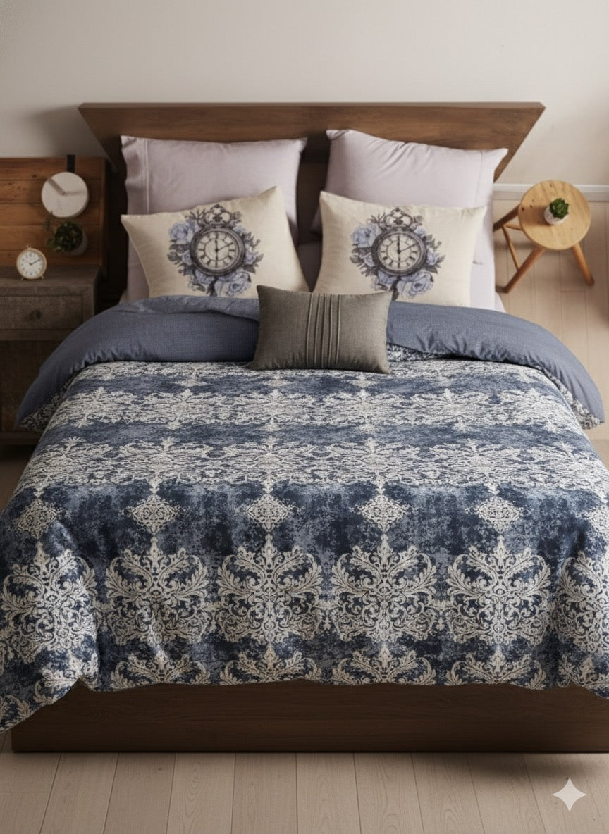 Royal Indigo Damask King Size Cotton Bedsheet Set – Classic Luxury Redefined