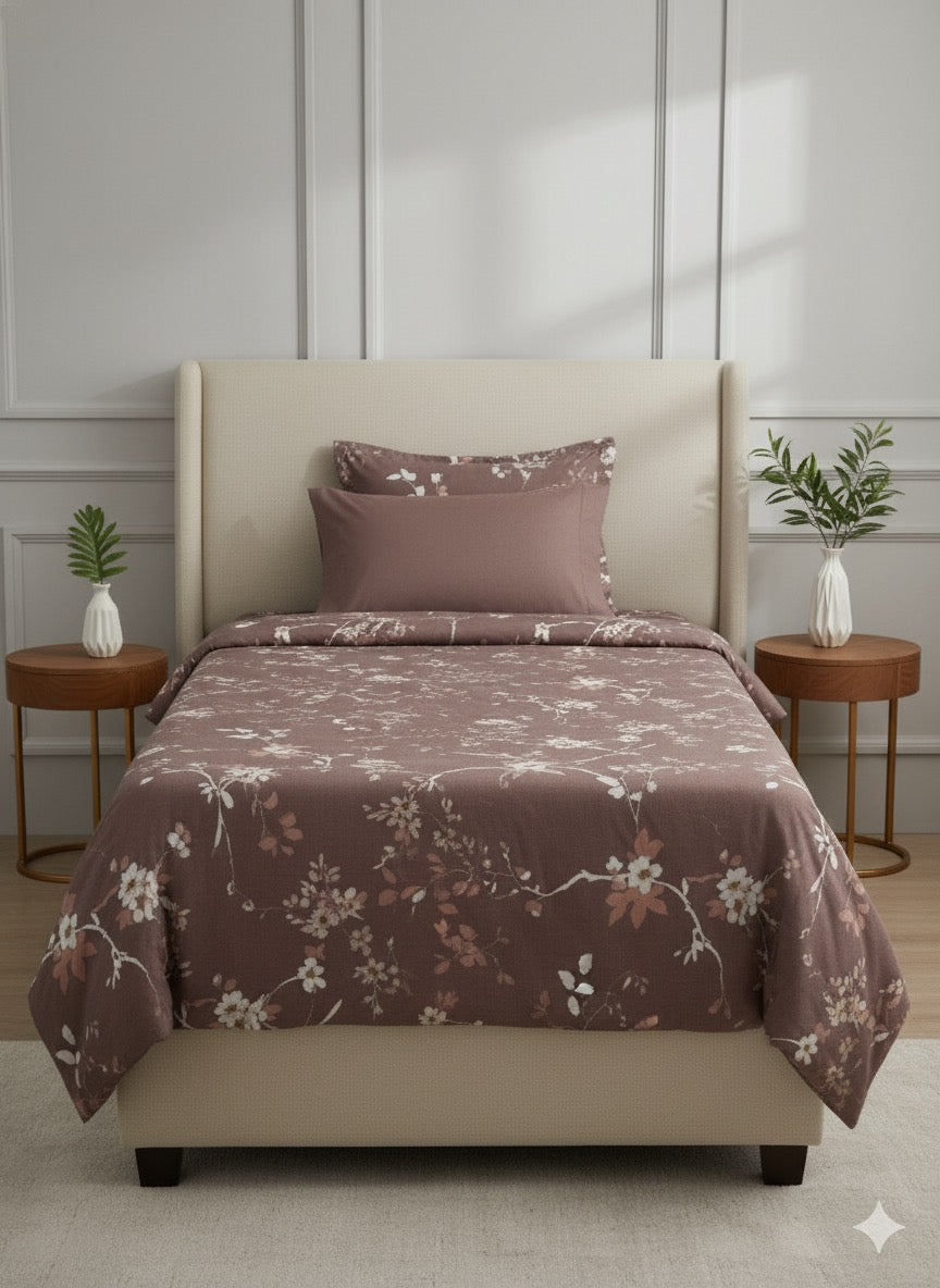 Blossom Tranquil Double Bedsheet Set – Mocha Floral Elegance