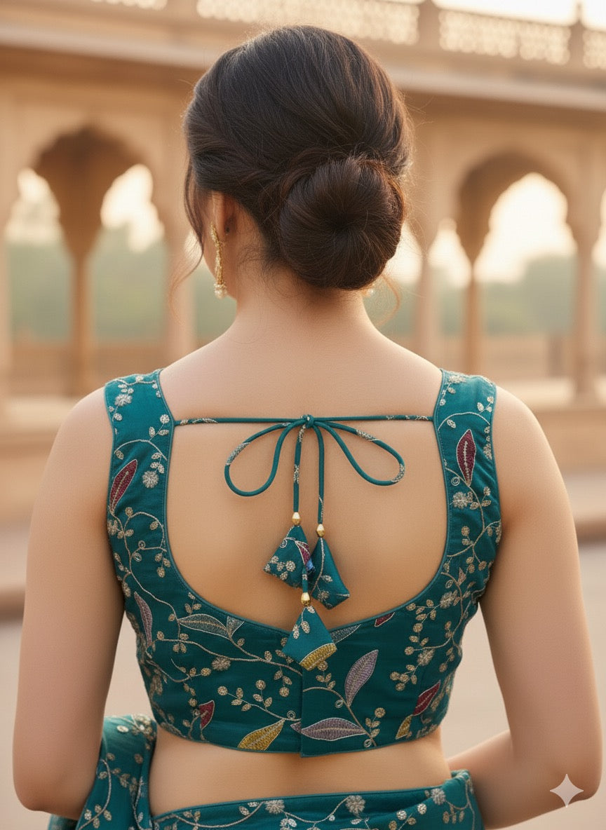 Teal Embroidered Blouse with Multicolor Leaf Motifs