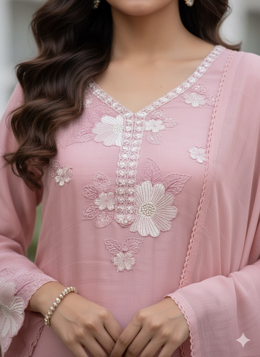 Blush Pink Embroidered Cotton Kurta Set
