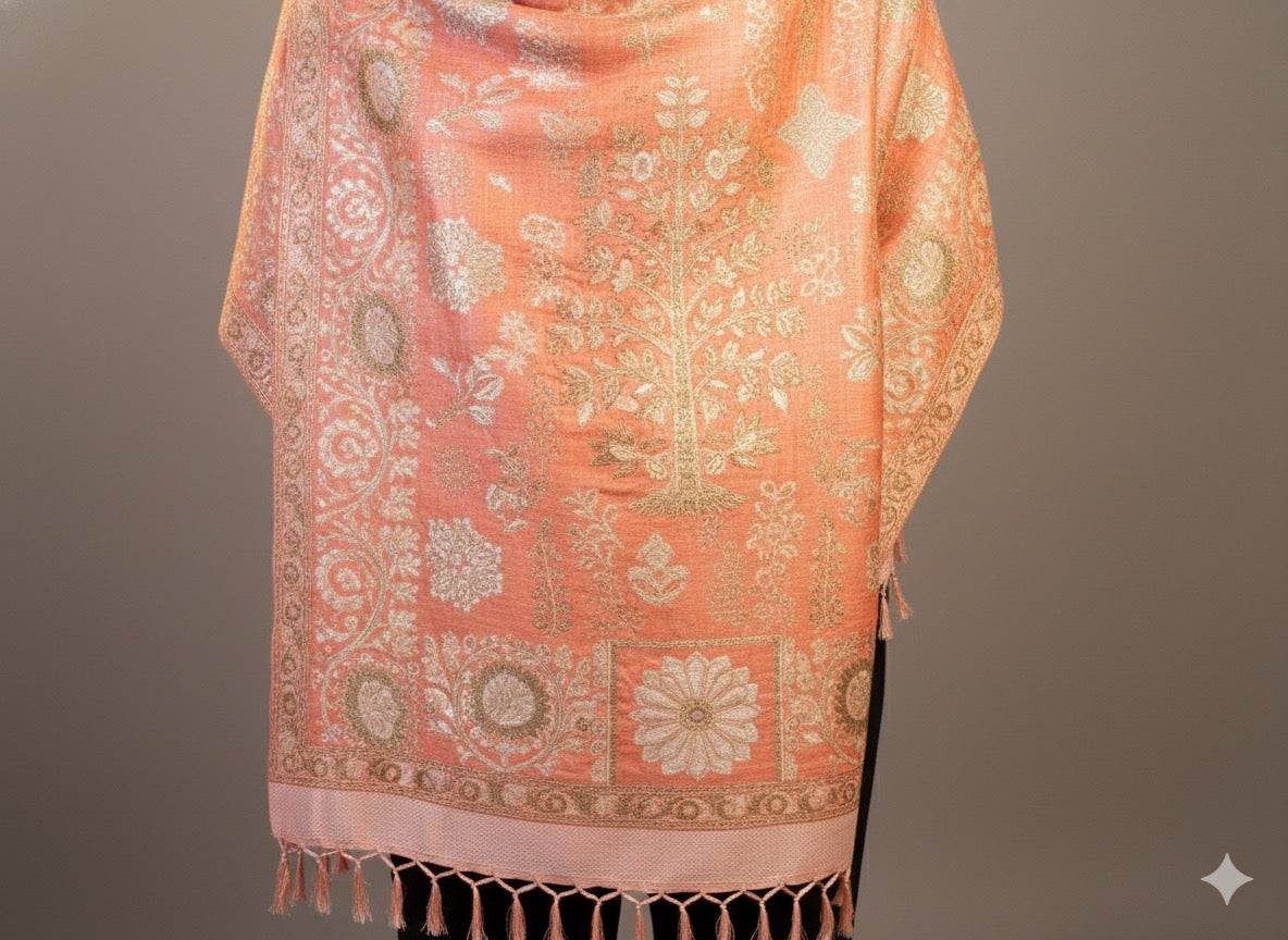 Peach Glow Zari-Weave Winter Shawl