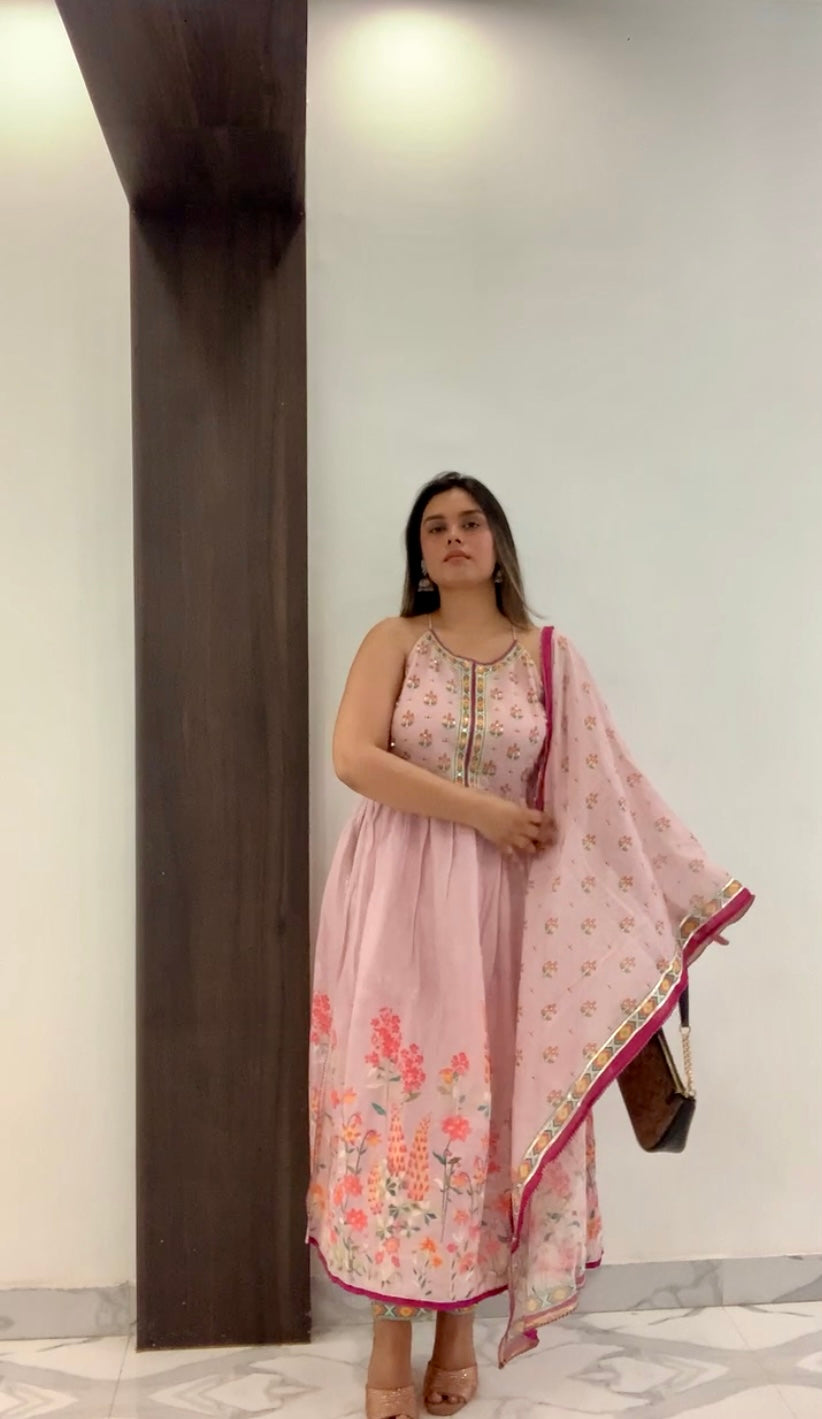 Pink strappy suit set with doriya dupatta.
