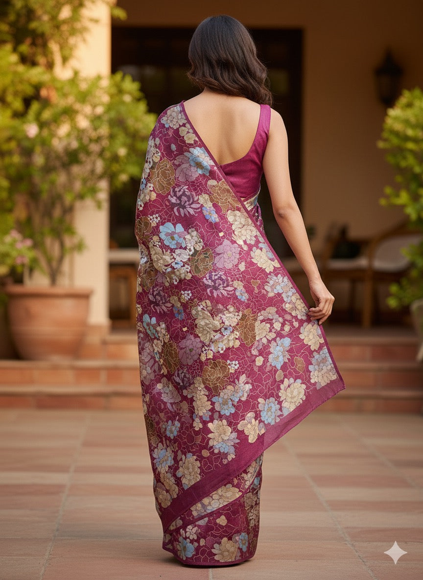 Raspberry Floral Silk Saree