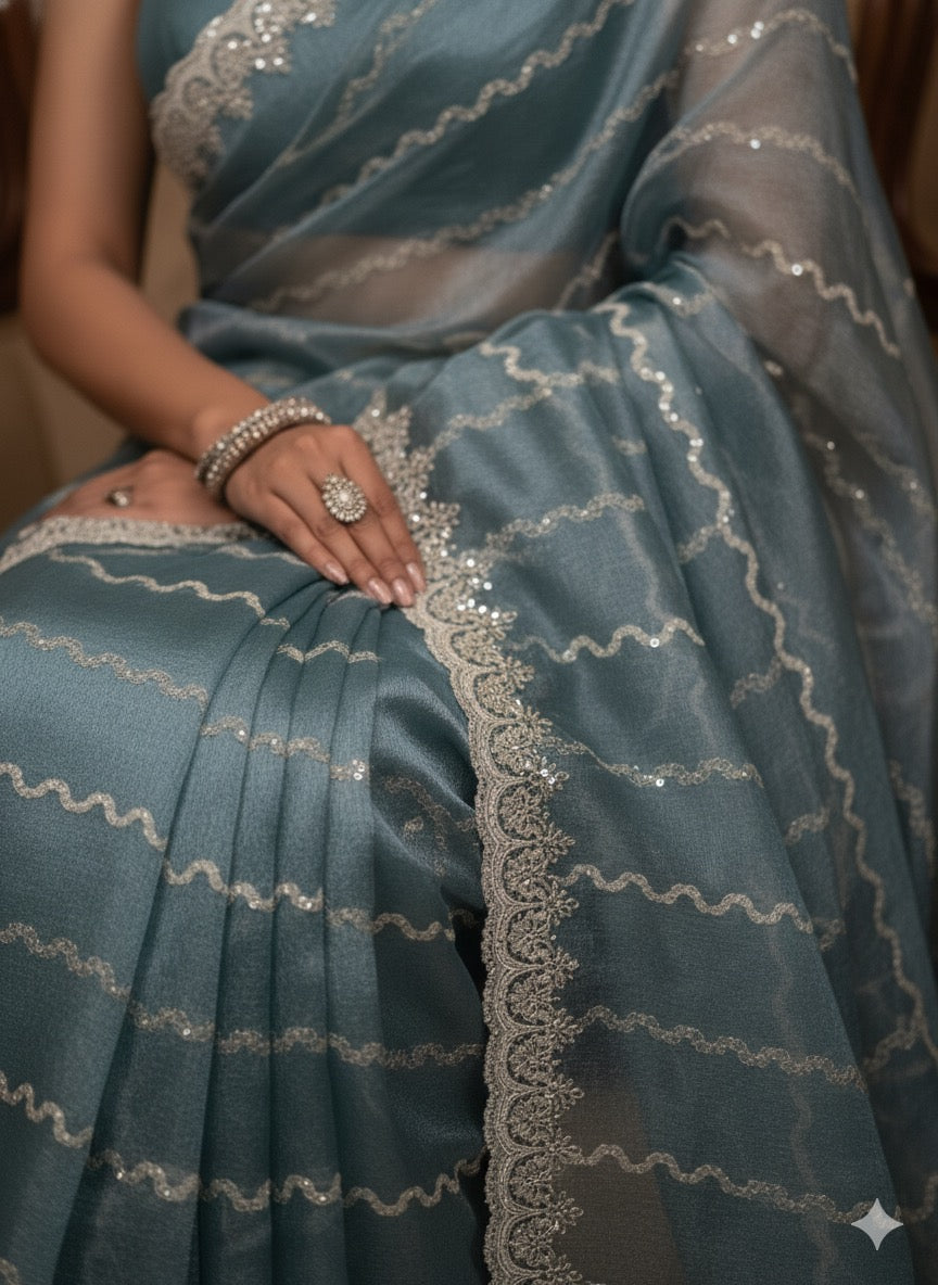 Whispering Waves Blue Organza Saree