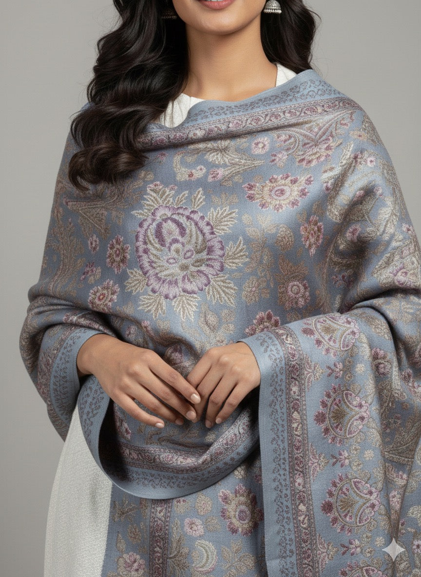 Frosted Blue Kashmiri-Style Jacquard Shawl
