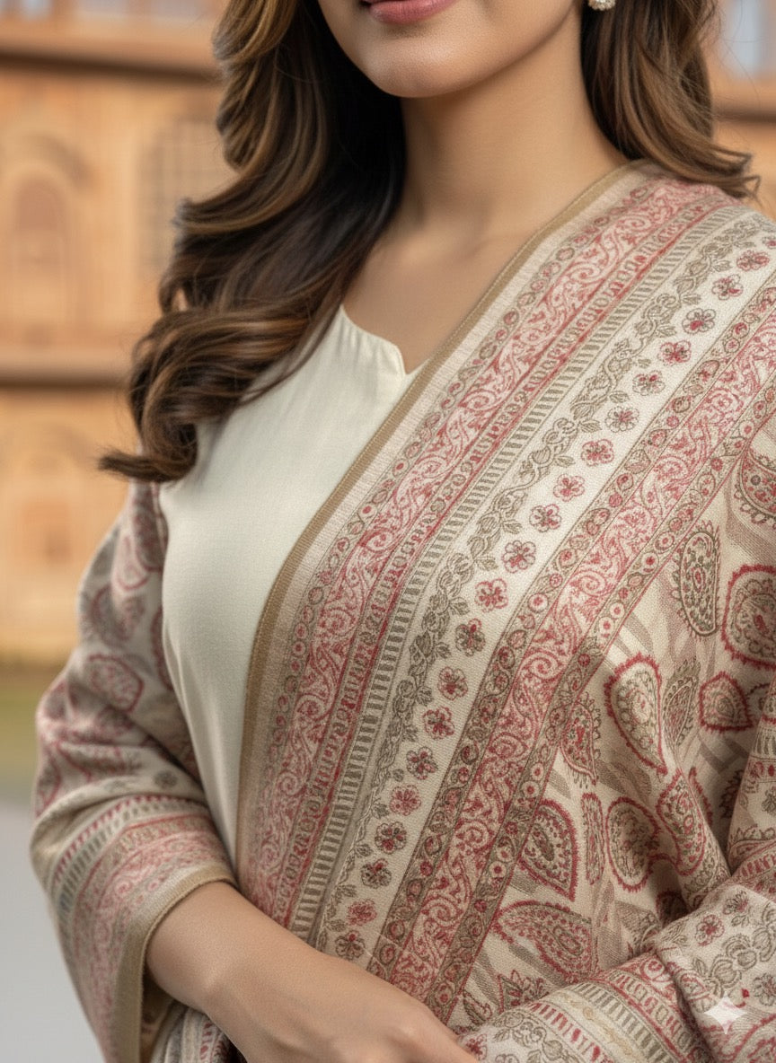 Blush Beige Kashmiri-Style Paisley Jacquard Shawl