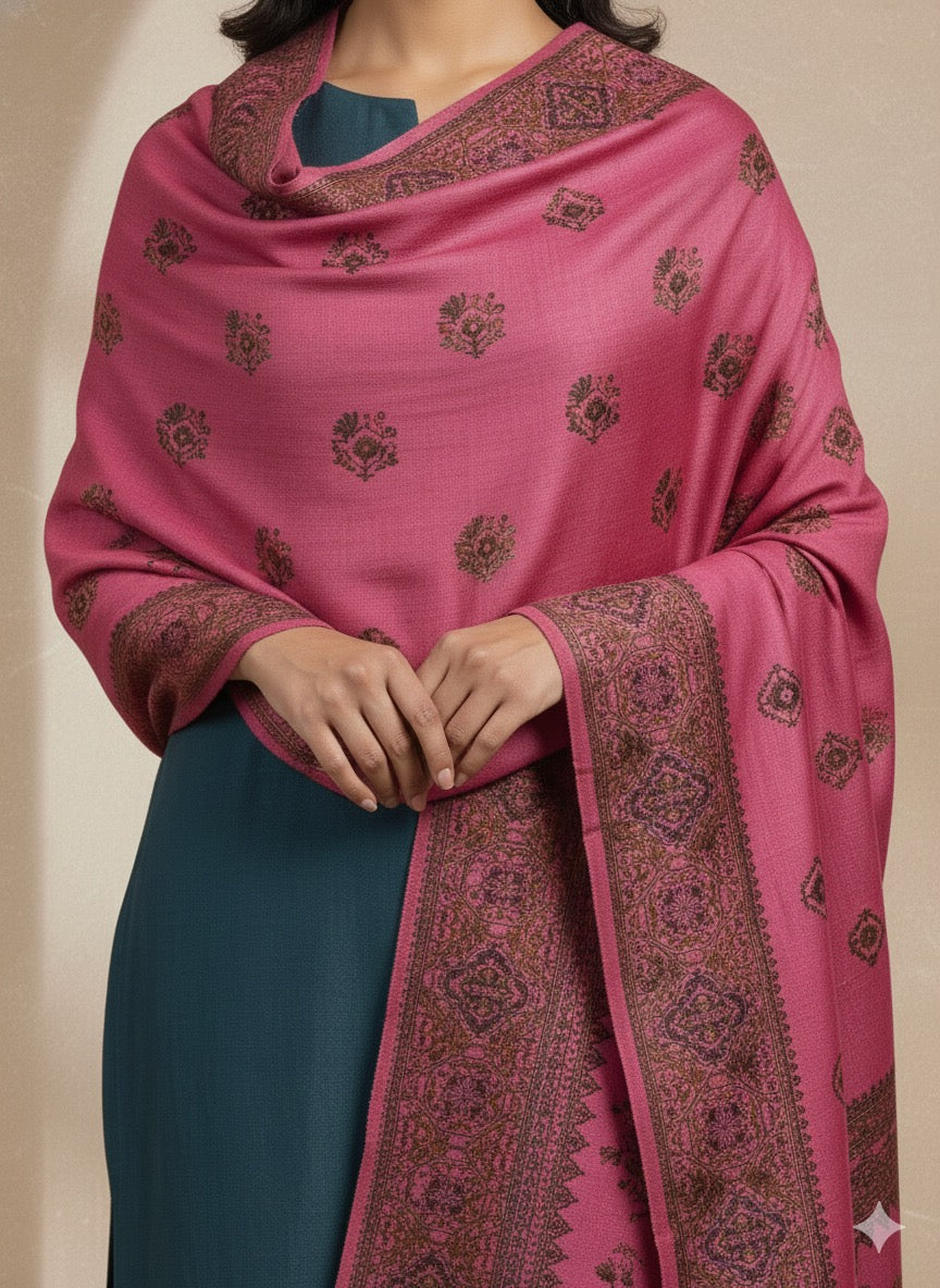Rosewood Pink Kashmiri-Style Woven Shawl