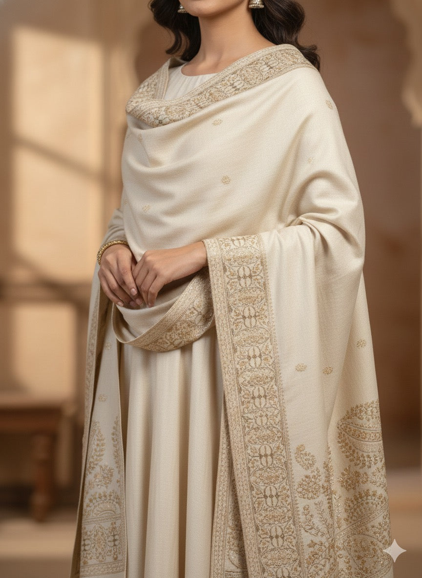 Ivory Kashmiri-Style Tonal Woven Shawl