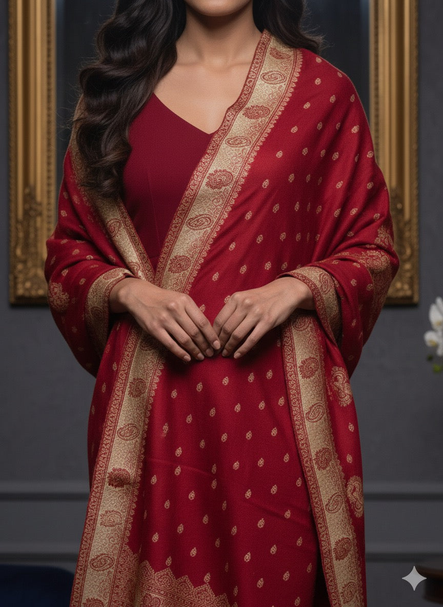 Crimson Red Banarasi-Style Woven Shawl