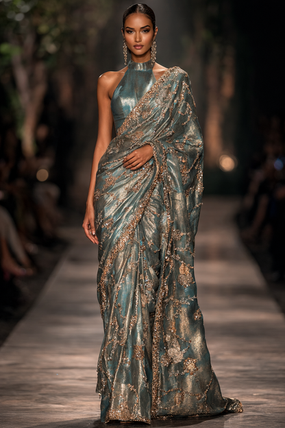 Celeste Teal Embroidered Net Saree