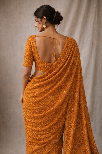 Mustard Hand-Embroidered Saree